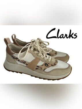 CLARKS DASH LITE TRAINERS LEOPARD PRINT LACE UP SNEAKERS LEATHER SUEDE